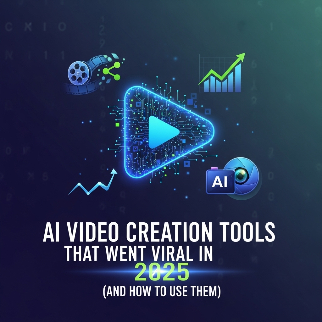 Create 1080 by 1080 blog illustration banner for this topic"AI Video Creation Tools That Went Viral in 2025 (And How to Use Them)" use dark blue color tone